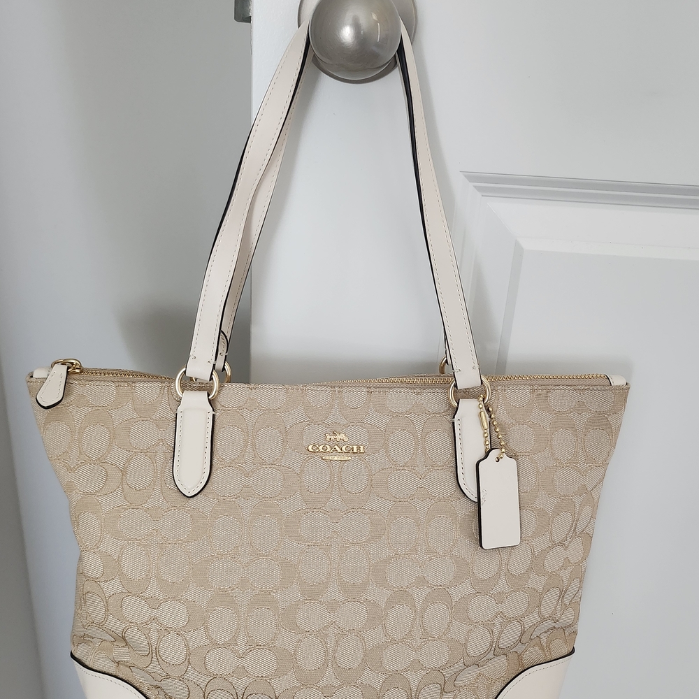 Coach Beige and White Signature Tote Bag